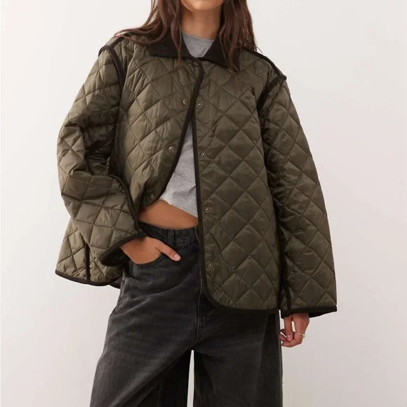 Weekday quilted jacket with contrast collar in dark brown Womens Size L Casual - Picture 1 of 10